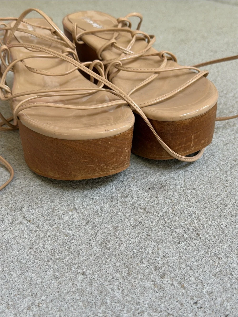 RARE Jeffrey Campbell Nude Patent Lace-Up Platform Wood Block Wedges